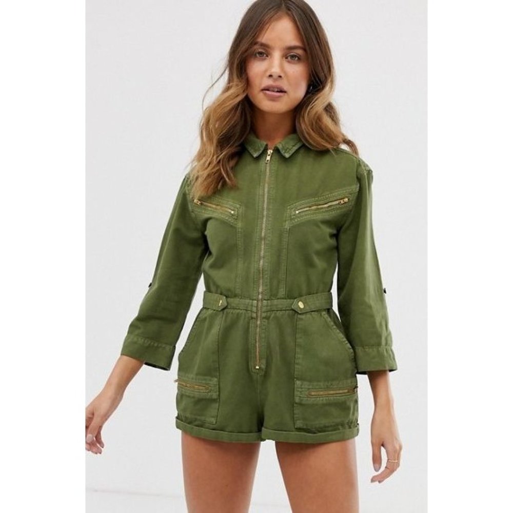 Free People Womens 4 Olive Green Isla Utility Playsuit Gold Long Sleeve Collared
